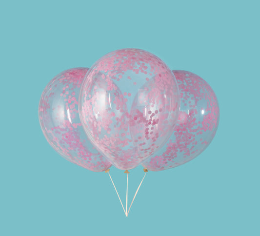 Ballons en latex transparent avec jolis confettis roses 12", 6 pièces (préremplis)