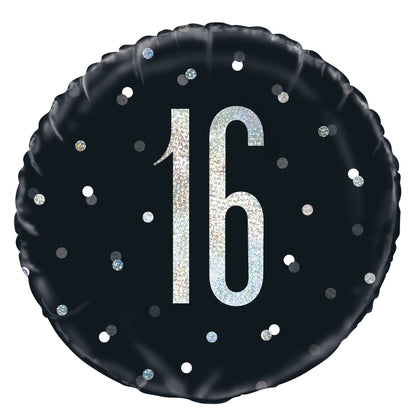 Ballon en aluminium rond noir et argenté 16e anniversaire Glitz, 18 po