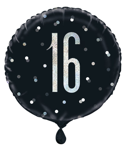 16th Birthday Glitz Black & Silver Round Foil Balloon, 18"