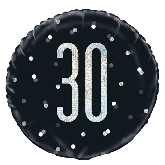 Ballon aluminium rond noir et argent 30e anniversaire Glitz, 18 po