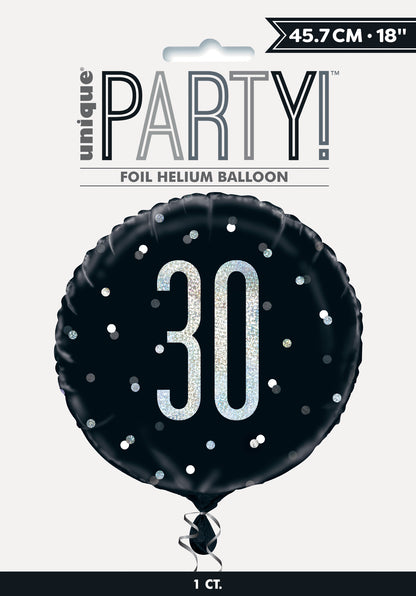 30th Birthday Glitz Black & Silver Round Foil Balloon, 18"