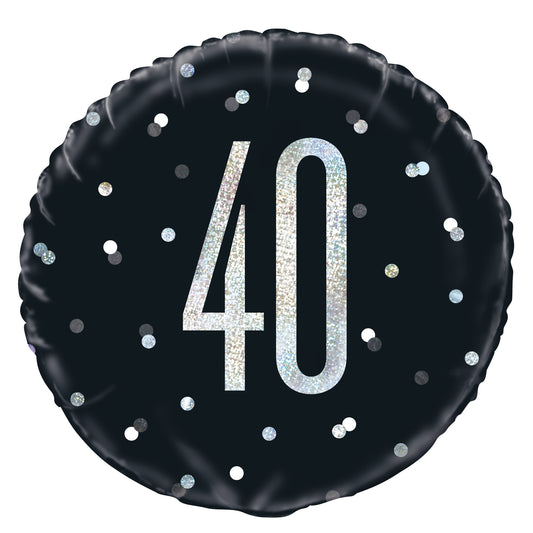 40th Birthday Glitz Black & Silver Round Foil Balloon, 18"