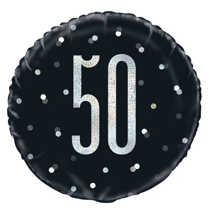 50th Birthday Glitz Black & Silver Round Foil Balloon, 18"