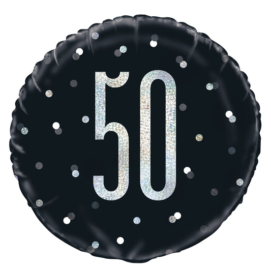 Ballon aluminium rond noir et argent 50e anniversaire Glitz, 18 po
