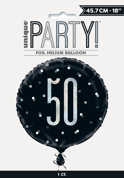 50th Birthday Glitz Black & Silver Round Foil Balloon, 18"