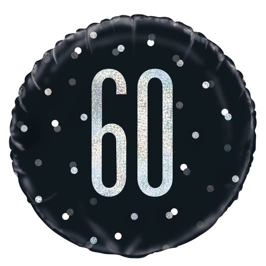 Ballon aluminium rond noir et argent 60e anniversaire Glitz, 18 po