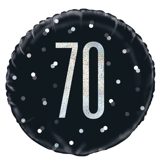 70th Birthday Glitz Black & Silver Round Foil Balloon, 18"