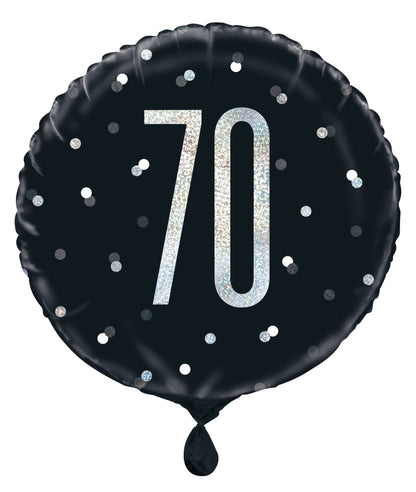 Ballon rond en aluminium noir et argent 70e anniversaire Glitz, 18 po