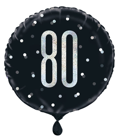 80th Birthday Glitz Black & Silver Round Foil Balloon, 18"