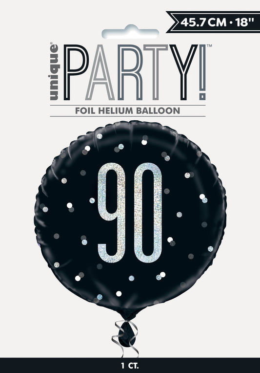 Ballon rond en aluminium noir et argent 90e anniversaire Glitz, 18 po