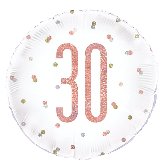 30th Birthday Rose Gold Glitz Number Round Foil Balloon, 18"