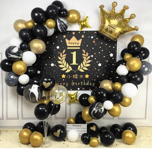 Black Gold Crown Party Balloon Arch, 95-pc