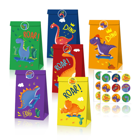 Blue and Yellow Dino  Paper Bags, 12-pc