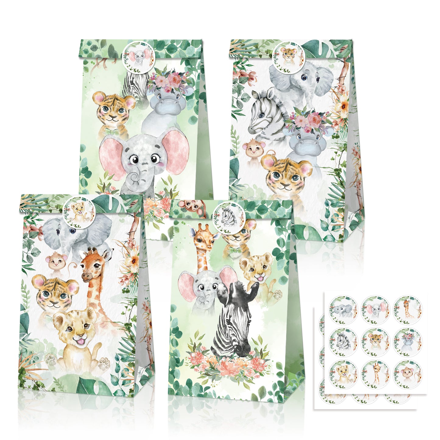 Watercolor Safari Animals Paper Bags, 12-pc