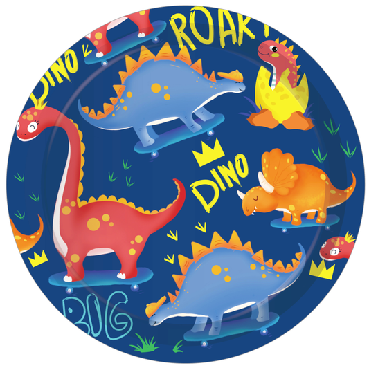 Blue and Yellow Dino Plates 9", 8-pc