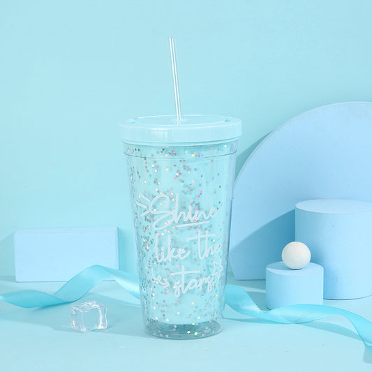 Water Bottle Cup with Straw Blue