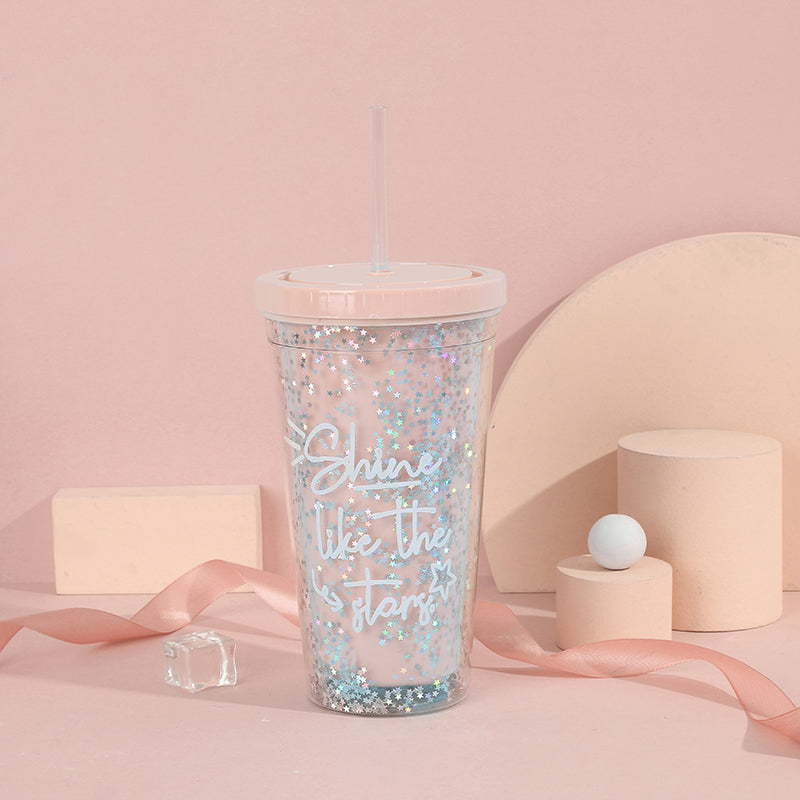 Water Bottle Cup with Straw Pink