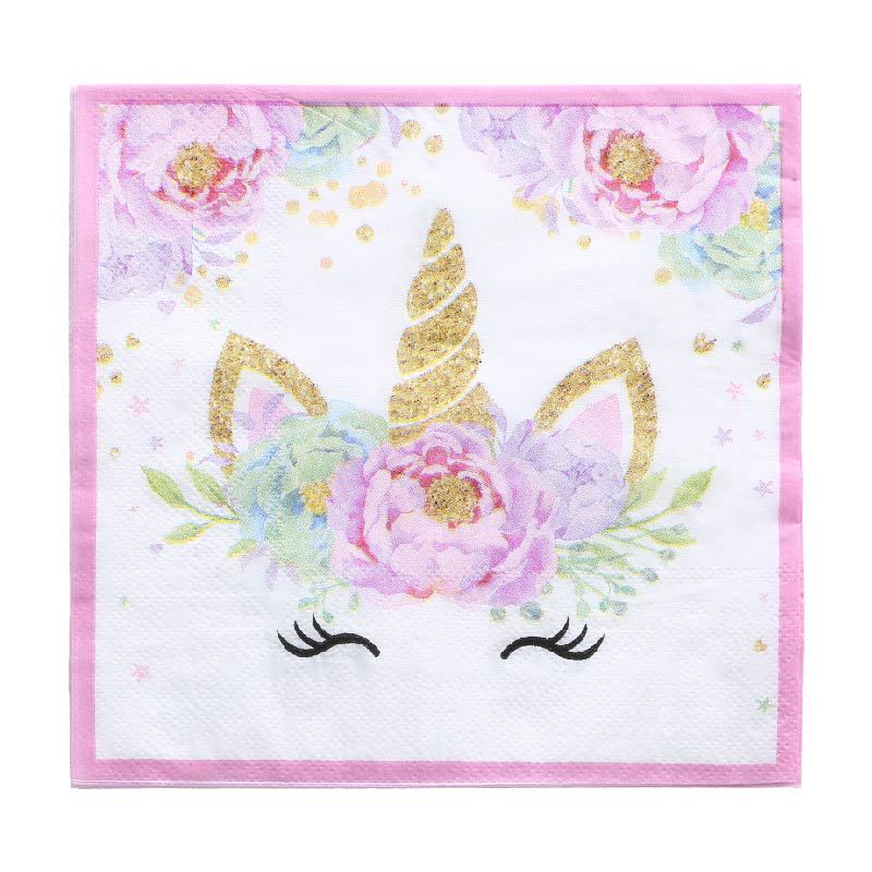 Serviettes licorne roses et blanches, 16 pces