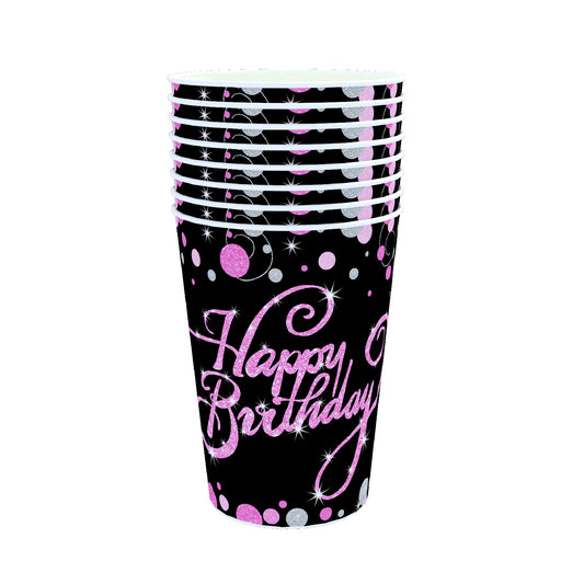 Happy Bday Pink Sparkle Cups, 8-pc