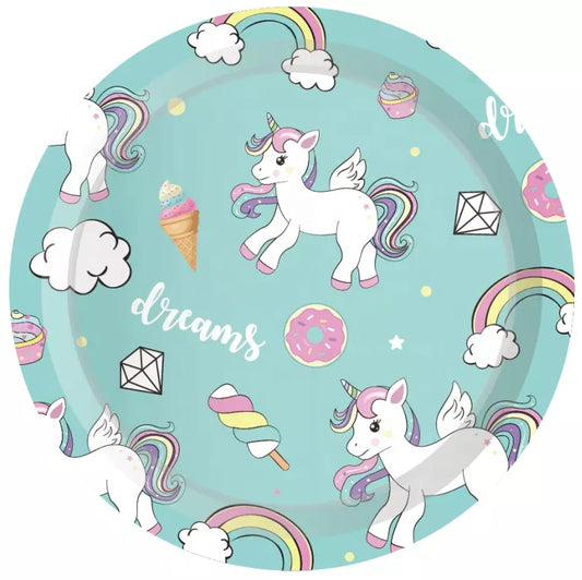 Unicorn Turquoise and Pink Plates 7", 8-pc