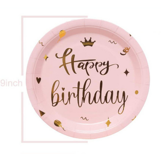 Happy Bday Pink and Gold Plates 9", 10-pc