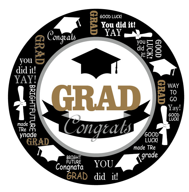 Graduation White, Black and Gold Plates 7", 8-pc