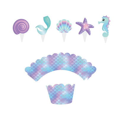 Party Like A Mermaid Cupcake Wrappers and Toppers, 20-pc