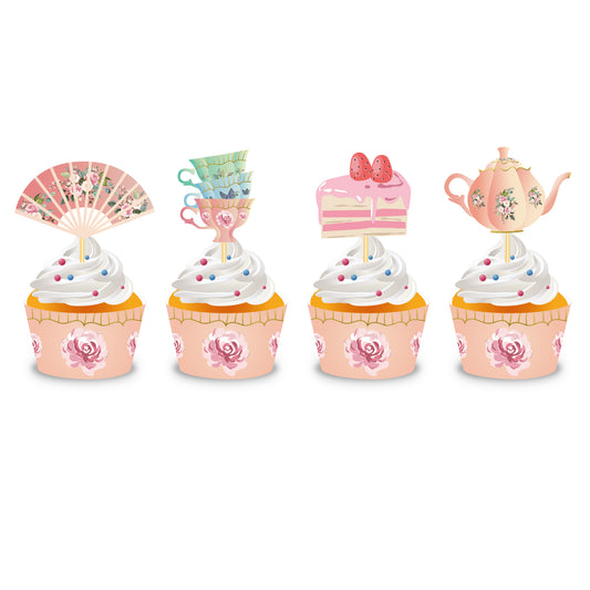 Tea and Roses  Cupcake Wrappers and Toppers, 24-pc